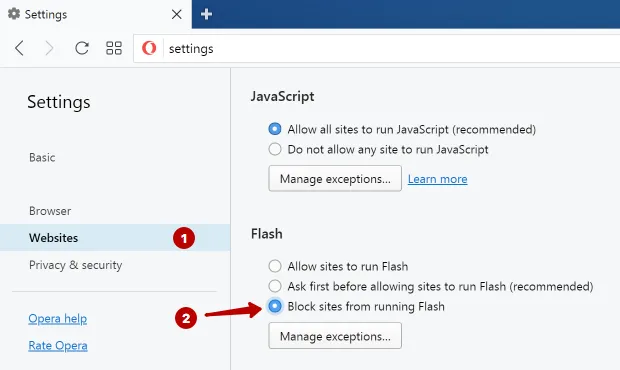 Disabling Flash in Opera