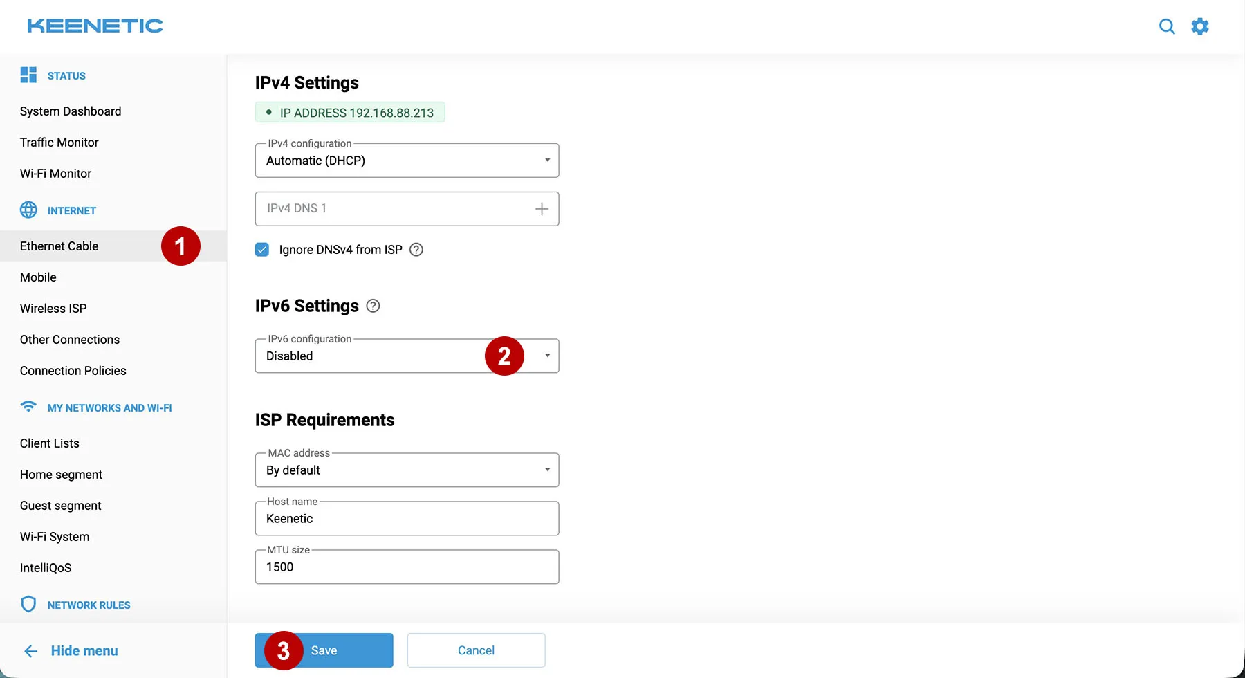 Disabling IPv6 addresses for Ethernet connections on the Keenetic router