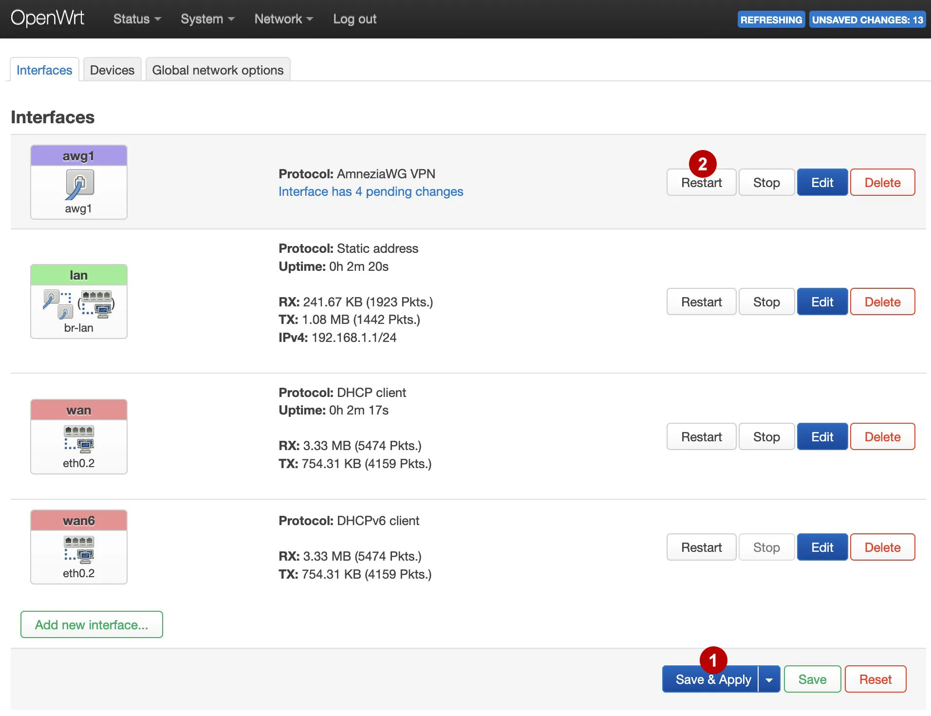 Restart the AmneziaWG interface on the OpenWRT router