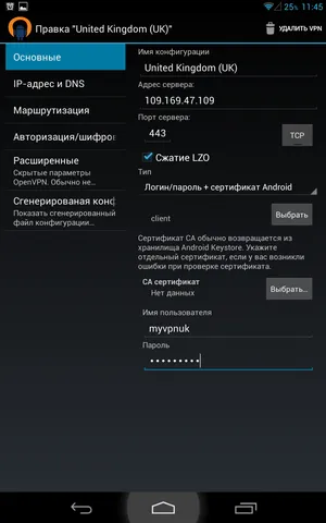 Дополнительные настройки профиля в приложении OpenVPN for Android